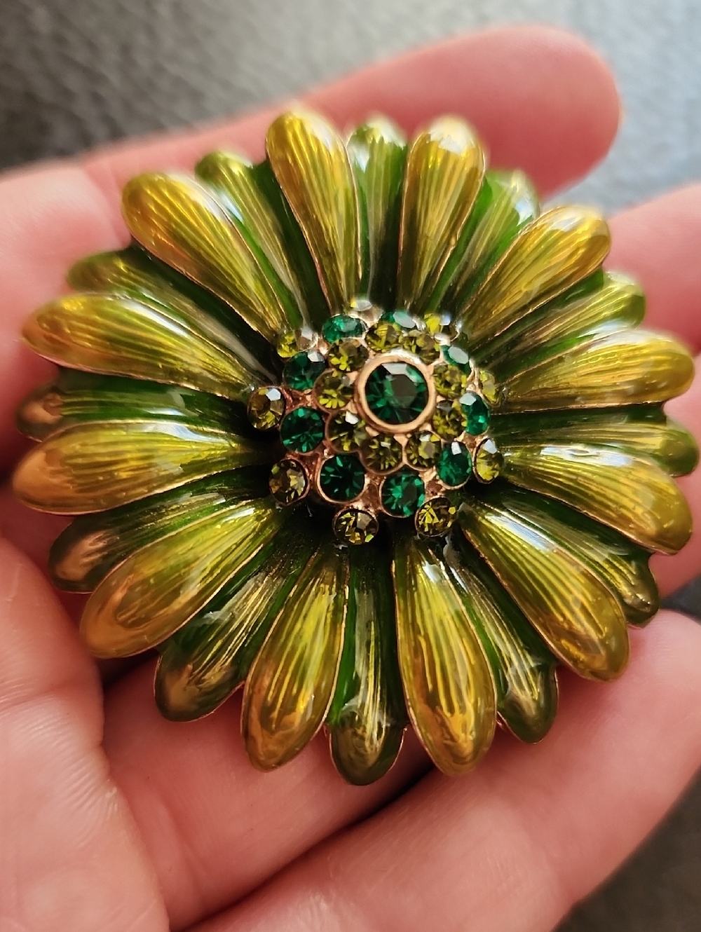 Monet Green & Gold Floral Rhinestone Brooch